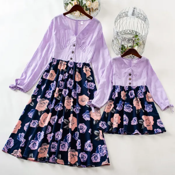 Sweet Flower Print Long Sleeve Purple Dress Mom Girl Matching Dress - Popopiearab.com 