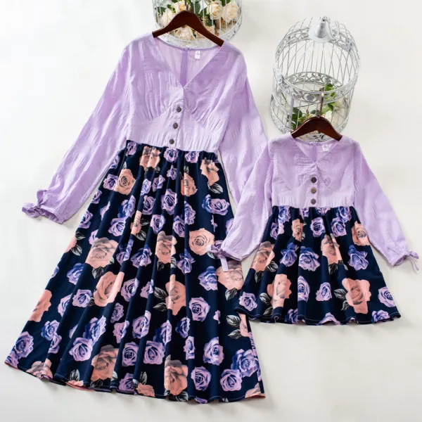 Sweet Flower Print Long Sleeve Purple Dress Mom Girl Matching Dress Only $41.08 - Lukalula.com 