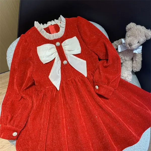 【18M-9Y】Girls Bow Embellished Velvet Dress - Popopiearab.com 
