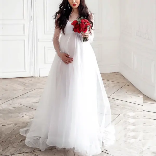 Maternity White Beads Mesh Long Sleeve Photoshoot Gender Reveal Party Dress - Lukalula.com 