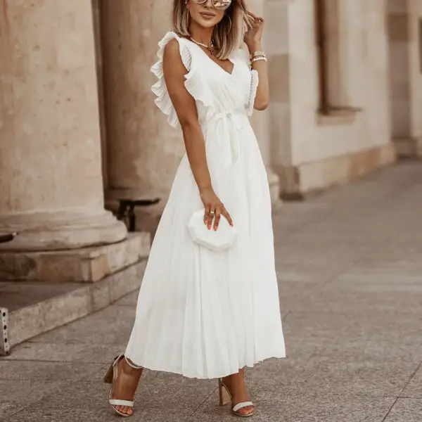 Maternity Ruffle Sleeve Chiffon Pleated Solid Color Maxi Dress - Lukalula.com 