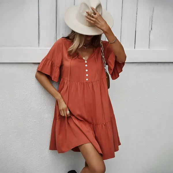 Maternity Ruffled V-neck Solid Color Dress - Lukalula.com 