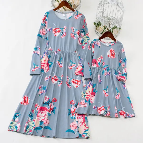 Sweet Grey Flowers Long Sleeve Mom Girl Matching Dress Only $29.19 - Lukalula.com 