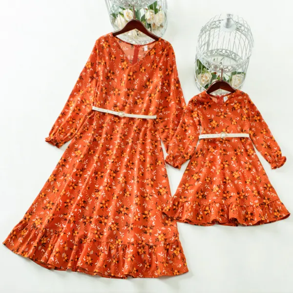 Sweet Brown Flower Print Dress Mom Girl Matching Dress With Belt Only $26.61 - Lukalula.com 