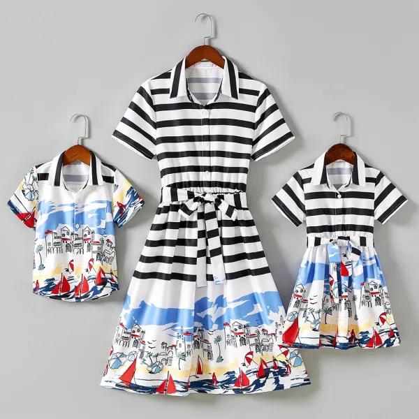 Fashion Striped Beach Pattern Short Sleeves Family Matching Outfits Only $24.65 - Lukalula.com 