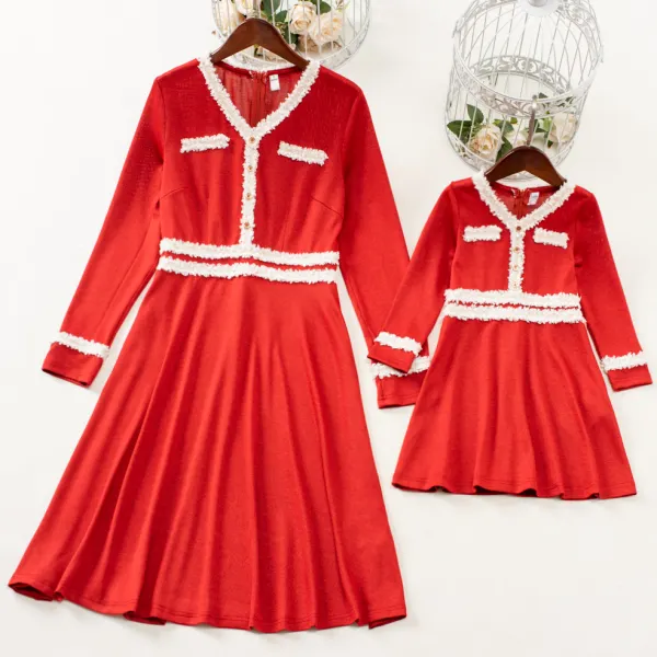 Elegant Gold Ribbon V-neck Red Long Sleeve Dress Mom Girl Matching Dress Only $35.42 - Lukalula.com 