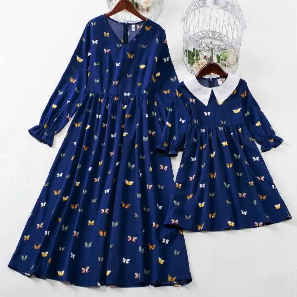 Sweet Navy Blue Butterfly Pattern Long Sleeve Mom Girl Matching Dress Only $36.01 - Lukalula.com 