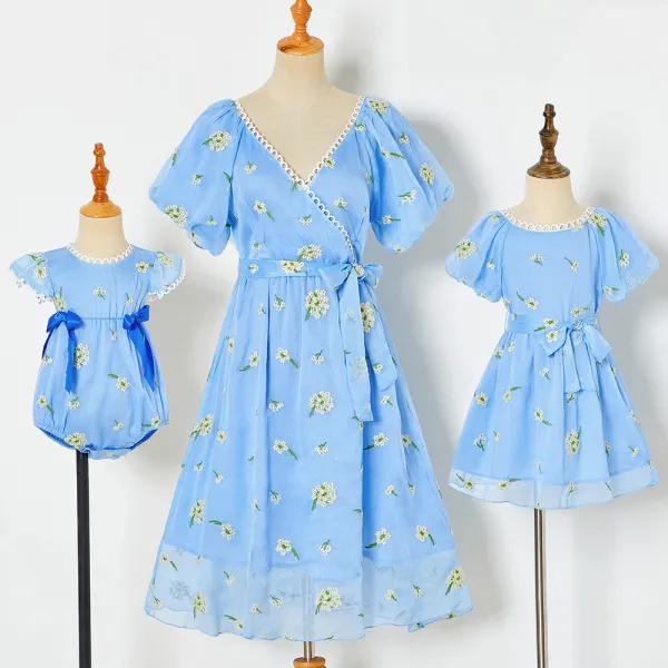 Sweet Blue Embroidered Puff Sleeve Mom Girl Matching Dress - Lukalula.com 
