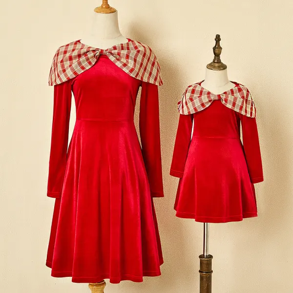 Mom And Girl Plaid Shawl Red Velvet Matching Dress Only $15.54 - Lukalula.com 