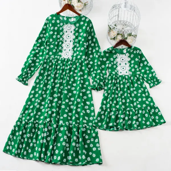 Sweet Green Floral Long Sleeve Mom Girl Matching Dress Only $40.18 - Lukalula.com 