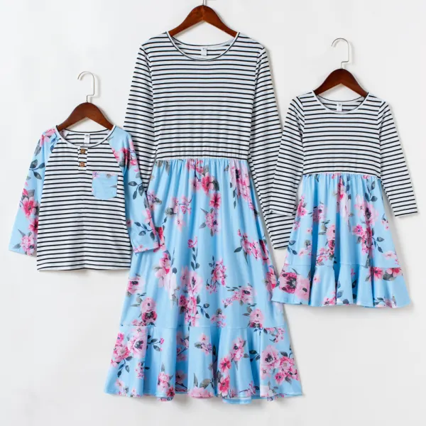 Casual Blue Flower Stripe Stitching Long-sleeved Mom Kids Matching Dress And T-shirt Only $34.04 - Lukalula.com 