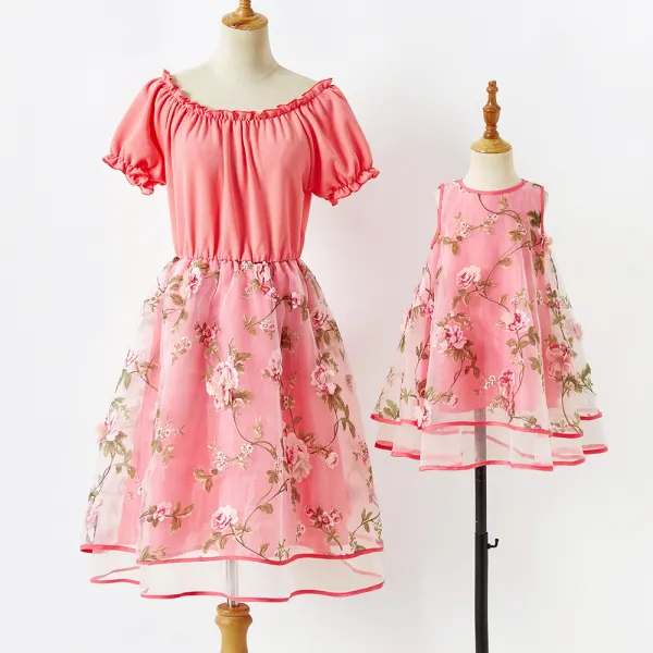 Sweet Pink Flower Mesh Mom Girl Dress Only $34.04 - Lukalula.com 