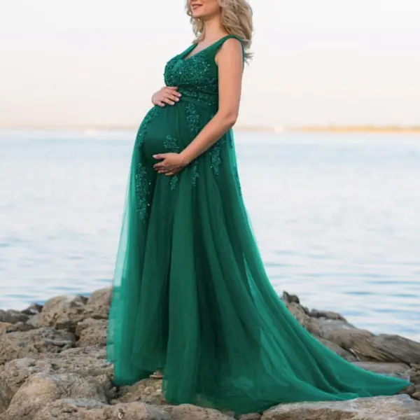 Maternity High Waist Lace Beaded Sleeveless Evening Dress - Lukalula.com 