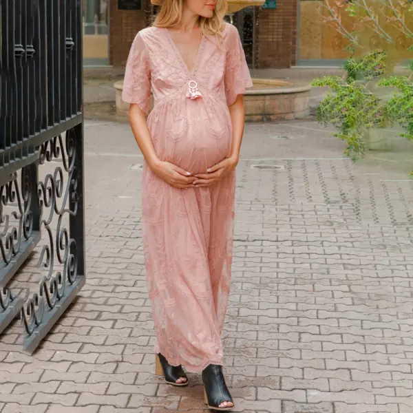 Maternity V-neck Short Sleeve Lace Long Photoshoot Dress - Lukalula.com 