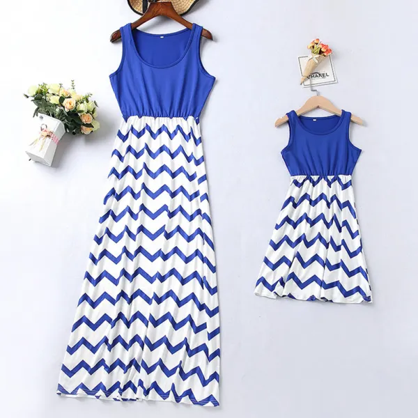 Sweet Striped Sleeveless Mom Girl Matching Dress - Popopiearab.com 