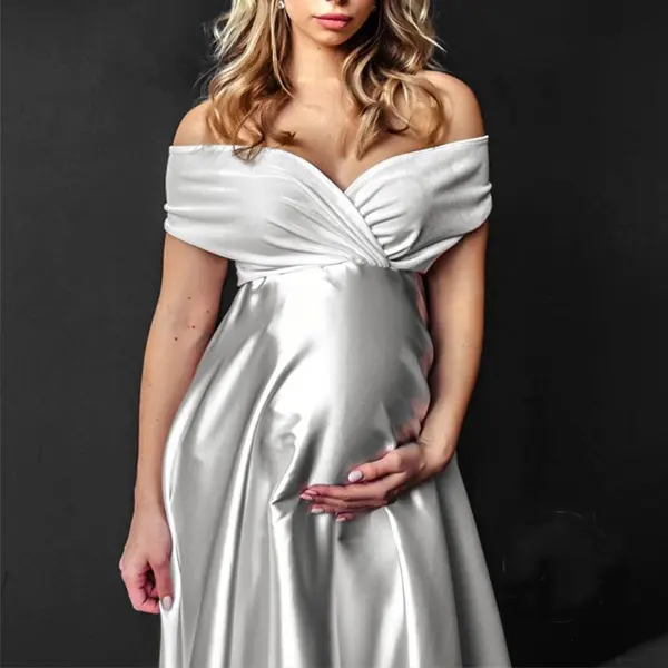 Maternity V-neck Off-shoulder Photoshoot Dress - Lukalula.com 