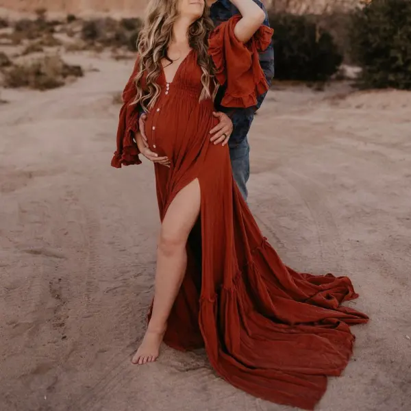 Maternity Ruffled Deep V-neck Red Split Photoshoot Dress 