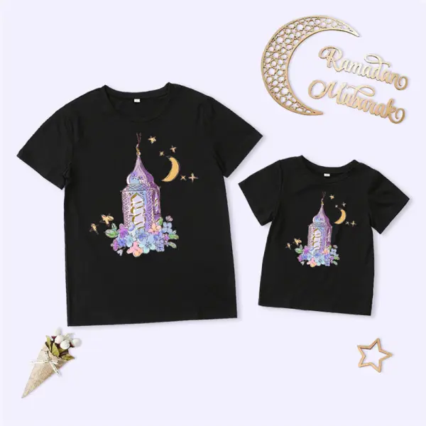 Casual Ramadan Star Moon Print Round Neck Short Sleeve Mom Girl Matching T-shirt - Popopiearab.com 