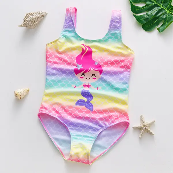 【2Y-9Y】Girls Colorful Mermaid Print Swimsuit - Popopieshop.com 