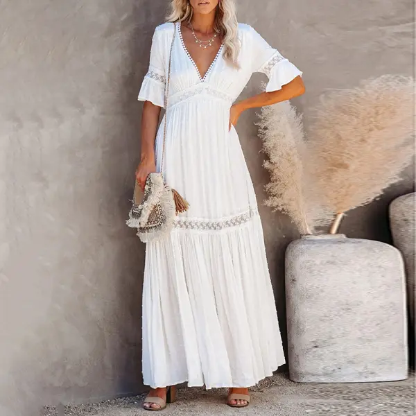 Maternity Solid Color White V Neck Lace Maxi Dress - Lukalula.com 