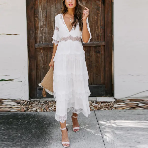 Maternity Deep V Lace Tulle Maxi Dress - Lukalula.com 
