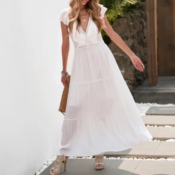 Maternity White Deep V-neck Sleeveless Tulle Lace Maxi Dress - Lukalula.com 