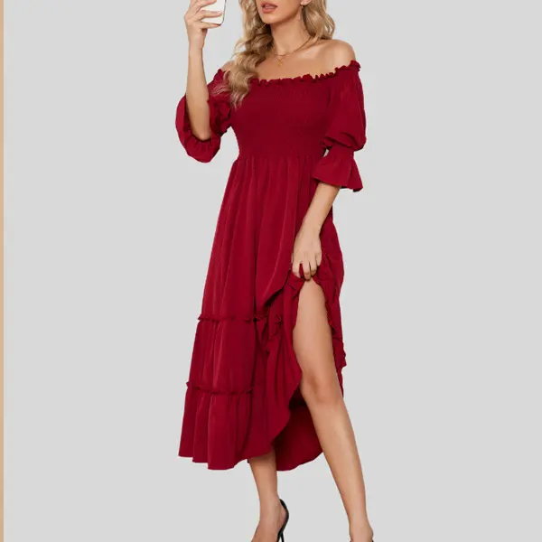 Maternity Red Ruffled Off Shoulder Backless Maxi Dress - Lukalula.com 