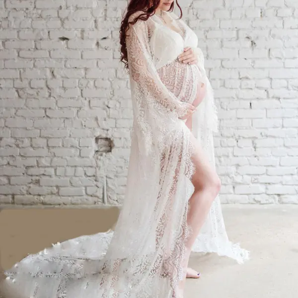 Maternity White Lace Long Photoshoot Dress Only $46.36 - Lukalula.com 