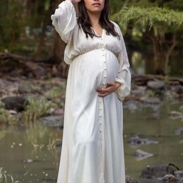 Maternity White V-neck Chiffon Flowy Elegant Photoshoot Dress - Lukalula.com 