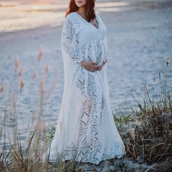 Maternity V-neck Long Sleeve Fringed Lace Mopping Photoshoot Dress Only $73.44 - Lukalula.com 