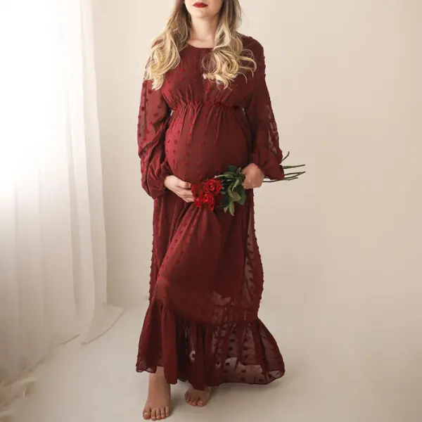 Maternity Round Neck Red Long Sleeve Photoshoot Dress - Lukalula.com 