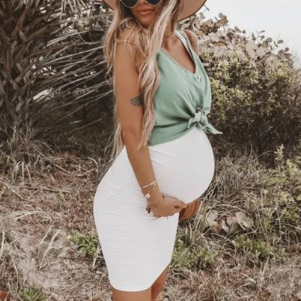 Maternity Casual V Neck Color Matching Frenulum Dress Only $44.35 - Lukalula.com 
