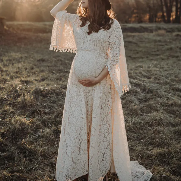 Maternity White Lace V-Neck Sheer Tulle Photoshoot Dress(Dress Only) - Lukalula.com 