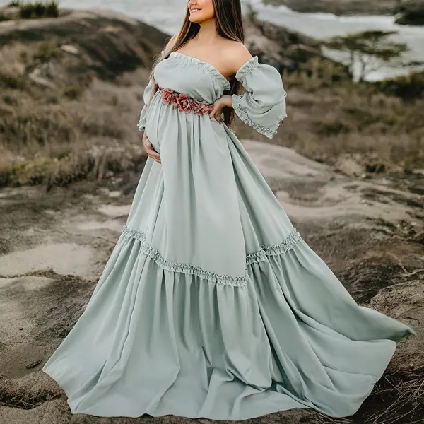 Maternity Off The Shoulder Ruffled Blue Split Photoshoot Dress With 2 Sleeves Sets (no belt) - Lukalula.com 