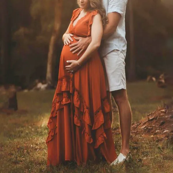 Maternity Elegant Brown V-Neck Ruffled Maxi Photoshoot Dress - Lukalula.com 