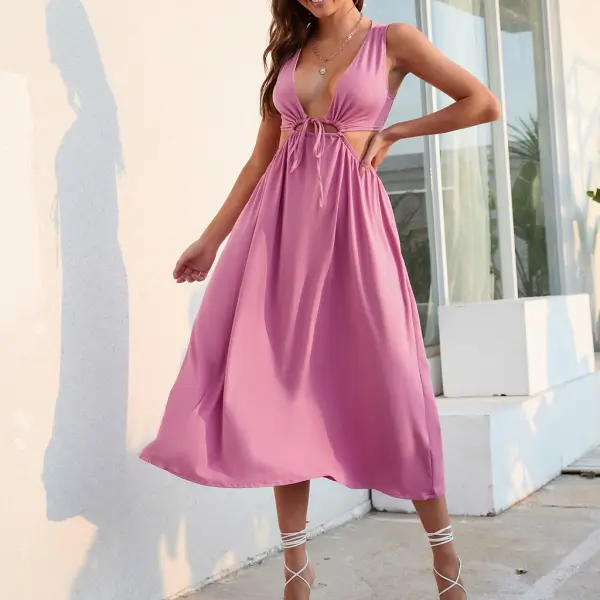 Maternity Cutout Pleated Tie Off Waist V-Neck Dress Only $39.11 - Lukalula.com 