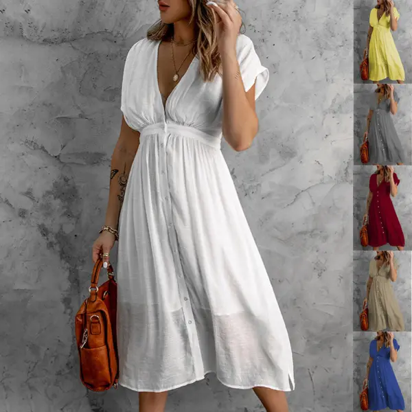 Maternity Deep V Short Sleeve Double Tulle Solid Dress - Lukalula.com 