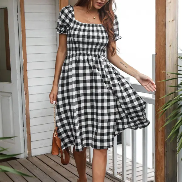 Maternity Square Neck Puff Sleeve Plaid Pleated Split Dress - Lukalula.com 