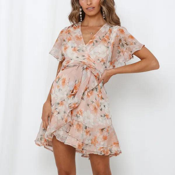 Maternity Floral Print Tie Belt Mini Dress - Lukalula.com 