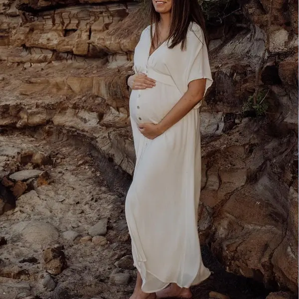 Maternity V-neck White Button Short Sleeve Photoshoot Dress - Lukalula.com 