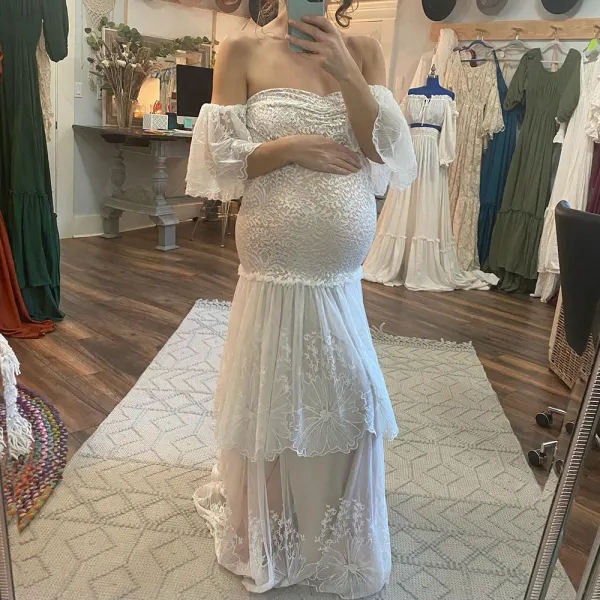 Maternity White Lace Off-the-Shoulder Photoshoot Dress Only $72.56 - Lukalula.com 