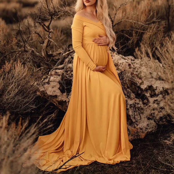 Maternity Yellow Off-The-Shoulder Long Sleeve Photoshoot Dress - Lukalula.com 
