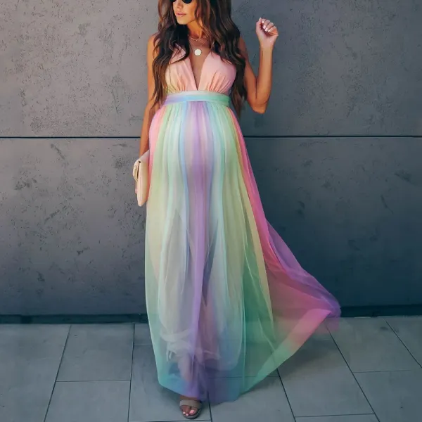 Shop Discounted Maternity Rainbow Striped Maxi Dress Online at lukalula.com 