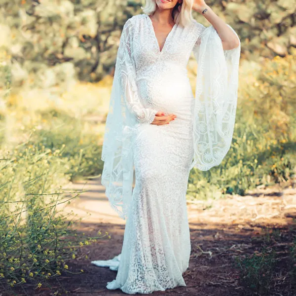 Maternity White Deep V-Neck Flared Sleeve Lace Sheer Bodycon Photoshoot Dress - Lukalula.com 