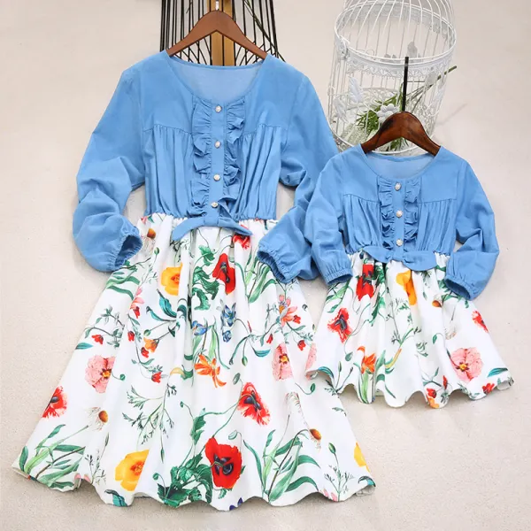 Sweet Denim Floral Stitching Long Sleeve Mom Girl Dress Only $29.63 - Lukalula.com 