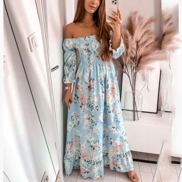 Maternity Floral Printed Off Shoulder Long Sleeve Maxi Dress Only $48.50 - Lukalula.com 