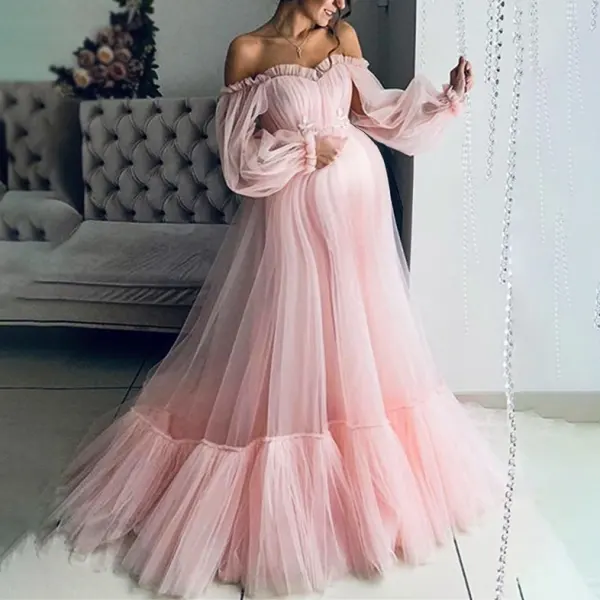 Maternity Mesh Long Sleeve Off The Shoulder Gown Maxi dress 