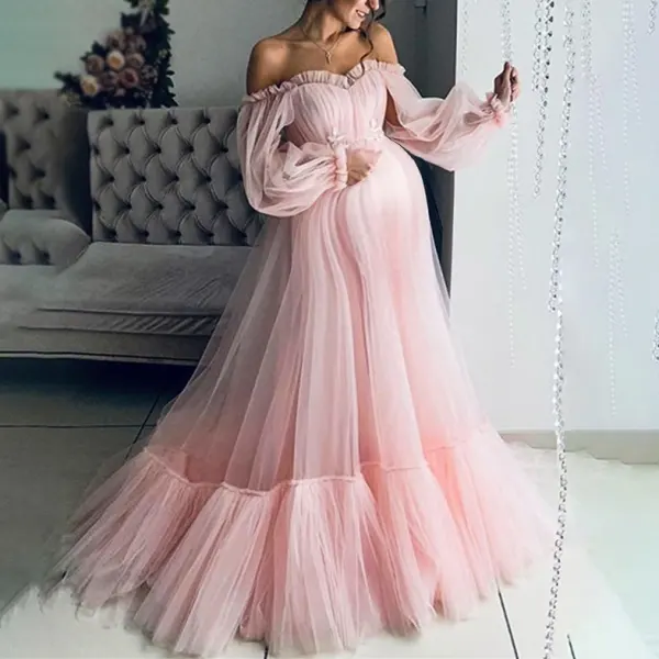 Maternity Mesh Long Sleeve Off The Shoulder Gown Maxi Dress Only $81.26 - Lukalula.com 