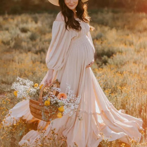 Maternity Off Shoulder Split Maxi Photoshoot Dress - Lukalula.com 