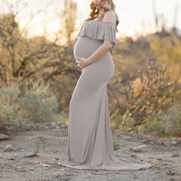Maternity Elegant Flounce Shoulder Out Plain Photoshoot Dress - Lukalula.com 